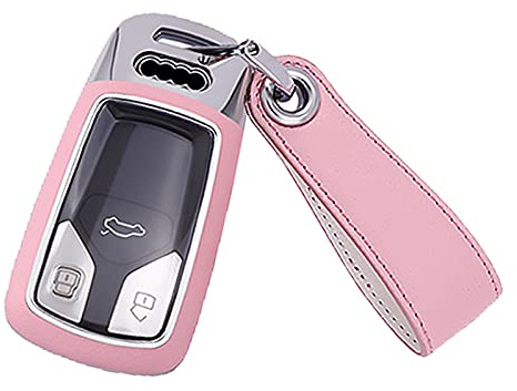 HIBEYO Smart Autoschlüssel Hülle passt für Audi 3-Tasten Cover Leder Schutzhülle Schlüsselhülle Schlüsselanhänger Schlüsselbox Fernbedienung für Audi A4 A5 A4L A6L A8 Q5 Q7 TTS TT S4 RS5-Rosa