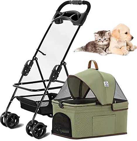 PJDDP 4-Rad-Kinderwagen Hundewagen Faltbare Hunde Katzen Pet Stroller Haustierwagen Katzenbuggy Mit Aufbewahrungskorb Und Tassenhalterung Katzenwagen Für Mittlere Und Kleine Haustiere,Grün
