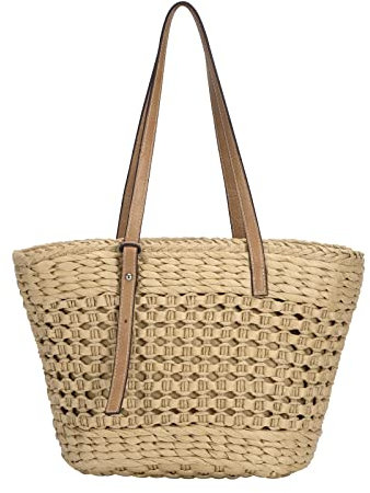 Ayakizi Stroh Strand Schultertasche Tasche, Damen Sommer Handtasche Weben Eimer Korbtasche Basttasche Casual für Outdoor Reise Schule Arbeit Einkaufen (Braun)