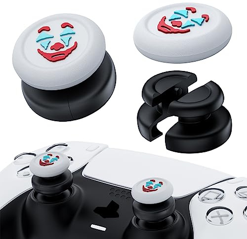 PlayRealm NO Falling Off Thumbstick Extender & Silicone Grip Cover 2 Sets for PS5 & PS4 Controller (Joker White)