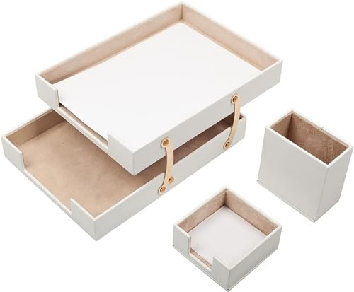 MOOGCO Doppeltes Dokumentenfach aus Leder – Stifthalter – Notizpapierhalter – 3 Zubehörteile – Schreibtisch-Organizer – Büro-Schreibtisch-Zubehör – Schreibtisch-Aufbewahrung – 3 Stück (WHITE)