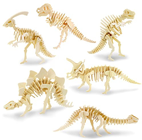 Georgie Porgy 3D-pussel i trä för barn, dinosaurier, plan, träbyggleksaker, set med 6 (6-pack dinosaurier)