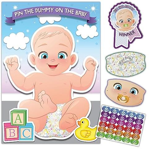 Pin The Dummy on The Baby Game Baby Shower Games for Adults, Children, Kids - Family Party Activity, Up to 30 Players - Includes Large Poster, Double Sided Blindfold, 30 Dummy Stickers, Winner Badge