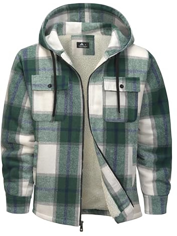 SwissWell Herren Hemdjacke Verdicken Kariertes mit Zipper Flanelljacke Plüschfutter Freizeit Gefüttert Holzfällerhemd Männer Winter Hemd Fleece Hoodie Winterjacke mit Brusttasche(Grün Weiß, L)