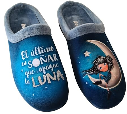 Rodevil Zapatillas casa mujer suaves azules dibujo Luna Frase bonita (37)