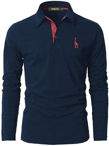 VMSUCIJ Poloshirt Herren Langarm Baumwolle Casual Slim Fit Giraffen Stickerei Männer Hemd T-Shirt Golf Sports Polohemd
