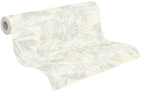A.S. Création Palmenblatt-Vliestapete – Weiß, Silber – 10,05 x 0,53 m | Florales Palmenblatt-Motiv als natürlicher Blickfang – schimmernde Motivtapete, einfach zu verkleben & spurlos abziehbar