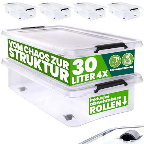Deuba® 4X Cajas de Almacenamiento 30L Tapa Clips de Cierre Transparentes Almacenaje Juguetes Ruedas Apilable
