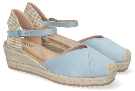 shoes&blues.es Sandalo da culla da donna, comodo ed elegante, foderato in iuta, dettaglio cucito sulla pala e chiusura a fibbia., azzurro, 40 EU