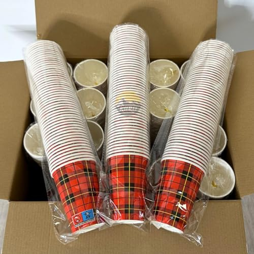 KURT - Tasses et café à emporter - 500 pièces + 500 agitateurs - Tasses en carton à carreaux écossais - 7oz/180ml - 140mm