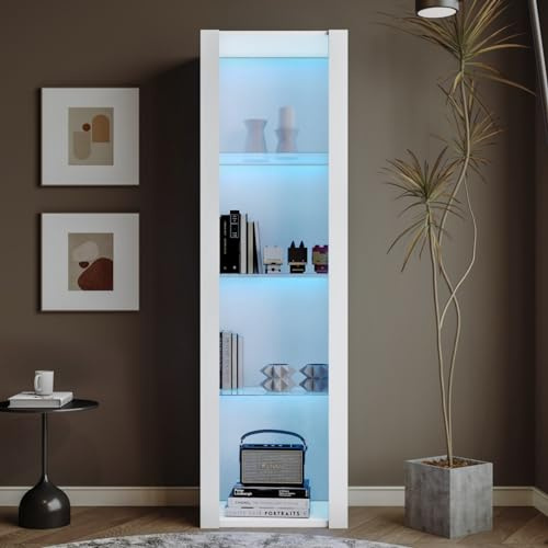 KOMHTOM Vitrine salon avec LED Buffet moderne, vitrine d'exposition au sol avec 3 étagères en verre pour salon, chambre, couloir, salle à manger (Blanc)