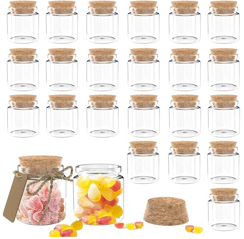 Paquete de 24 botellas de vidrio de 1.7 onzas con tapones de corcho, mini botellas de vidrio pequeñas de 50 ml para recuerdos de boda, manualidades, decoración del hogar, recuerdos de fiesta