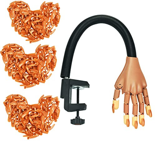 Main d'Entrainement Manucure, Faux ongles, 300 Morceaux d'Ongles et Fausse Main Manucure, Amovible Main Entrainement Ongles pour Manucure à Ongles Bricolage (brun)