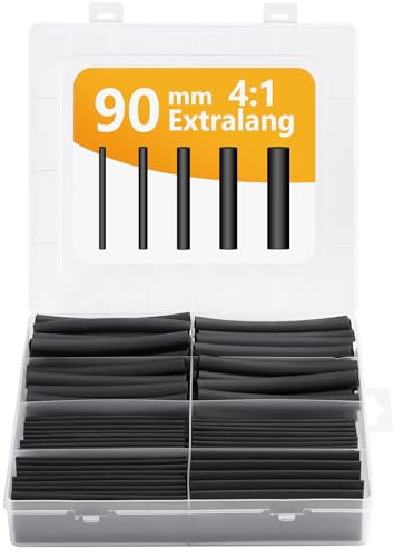 KIKIGOAL Schrumpfschlauch-Set 90mm (100 Stück) - 4:1 Extra Langer Schrumpfschlauch mit Klebstoff | 5 Größen Doppelwandig | Schwarz | Für Elektrokabel, Kabelbündel & Reparaturen