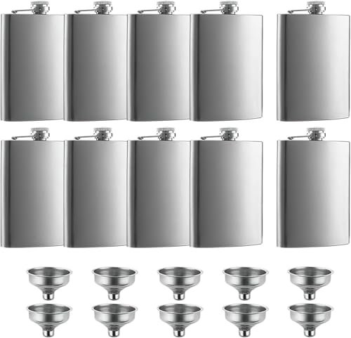 10 Pack Hip Flask for Men, 8 oz Portable Stainless Steel Liquor Flask Leakproof Drinking Pocket Flask with 10 Funnel for Storing Drinks and Liquor(Silver)