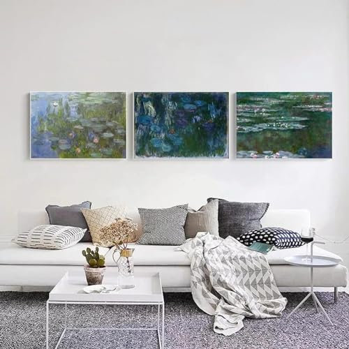 GKUVBF Impressionismus Monet Claude Seerosen Nympheas Poster Ölgemälde Reproduktion Landschaft Leinwanddruck Wandkunst Dekor 19,6 x 27,5 (50x70cm) x3 Kein Rahmen