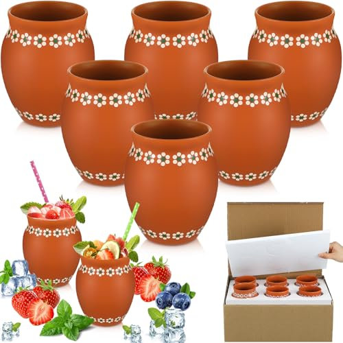 Cinnvoice 6 Pcs 16oz Cantaritos De Barro Mexicanos Shooters Pottery Taco Tuesday Mexican Clay Cup Fiesta De Barro Mexicanos Cocktail Cups Cocktail Glasses for Margaritas Mojitos Cups