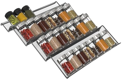 ASIAD Spice Organizer for Drawer - Metal Spice Jar Drawer Insert with 4 Levels, Food Spice Bottle Shelf for Kitchen Cabinet,Black