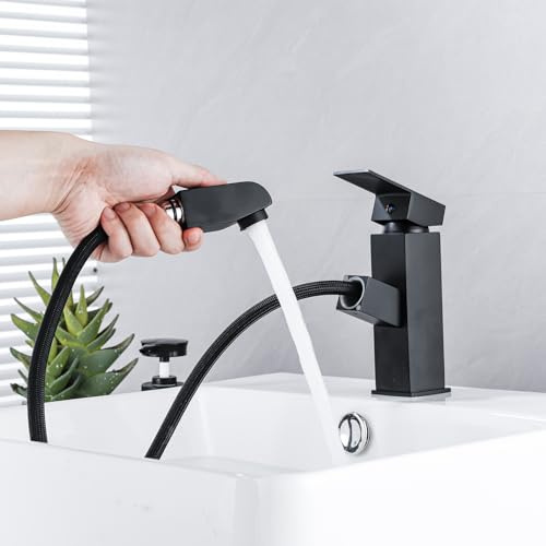 Basin Mixer Tap, Eovem Stainless Steel Pull Out Bathroom Sink Mixer Tap, Square Single Lever Basin Tap Matt Black