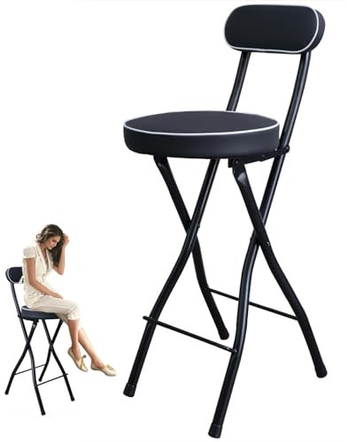 XQJLBZA 70/75 cm Klappbare Hohe Barhocker für Erwachsene, Klappbare Gepolsterte Barhocker für den Innenbereich mit Rückenlehne und Fußstütze, Klappbarer Hocker für die Küche(Black,28(70cm))
