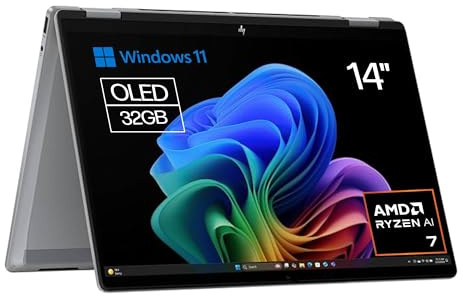 HP Omnibook X Flip - Ordenador portátil Convertible de 14 3K OLED táctil Ryzen AI 7 350, 32GB RAM, 1TB SSD, AMD Radeon 860M Graphics, Windows 11 Home Silver - Teclado QWERTY Español