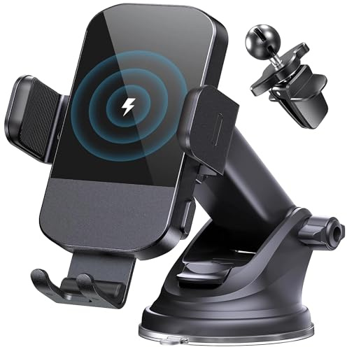 Car Phone Holder Wireless Charger, Fast Charging Wireless Car Charger, Auto Clamping Car Phone Holder, iPhone Mount for iPhone 16 Pro Max/15 Pro Max/14 and Galaxy S25 Ultra/S24+/S23