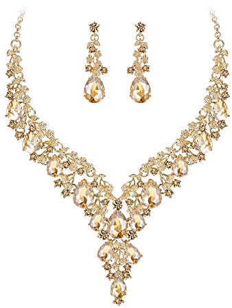 Clearine Wedding Bridal Jewellery Set Teardrop Rhinestone Cluster Costume Statement Necklace Dangle Earrings for Women Champagne Gold-Tone