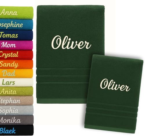 2er Pack Personalisiertes Handtuch und Badetuch mit Namen 2er Pack Schön gestickter Name Handbadetuch 100 % Baumwollhandtuch 50 x 100 cm + 140 x 70 cm Personalized Custom Towel with Name (Dark Green)