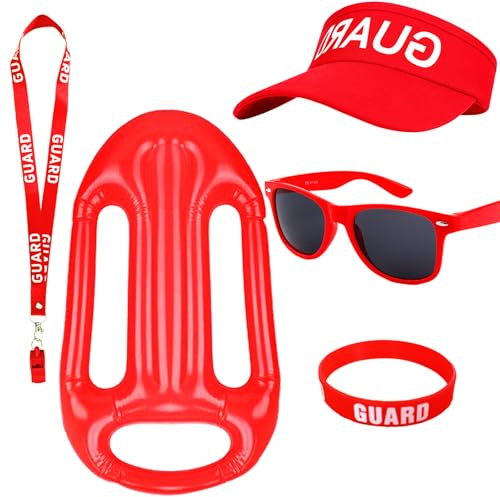 DTAOZFA 5 Stücke Lifeguard Kostüm Für Damen Und Herren, Rettungsschwimmer Kostüm Set, Lifeguard, Roter Farbschema, Rettungsschwimmer, Verstellbare Sonnenschutzmütze