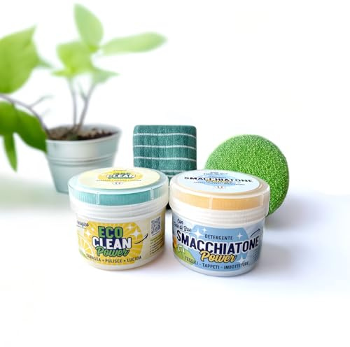 Betti Clean KIT Basic Clean DUO – Pasta Pulente e Smacchiatore Tessuti | ECO CLEAN Power 300g Multiuso Forno e Induzione + SMACCHIATONE Power 250g, Spugna e Panno in Bambù Inclusi, Made in Italy