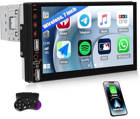SIXWIN 1 DIN Radio Coche con Wireless CarPlay & Android Auto & Mirror Link,7 Pulgadas Pantalla Táctil Estéreo con Bluetooth RDS/FM 2USB TF Puerto/Aux/Youtube+Controllo del Volante