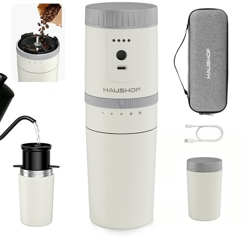 HAUSHOF Elektriska kaffekvarnen, Bärbar konisk kvarn Trådlös i vitt med integrerad infusion, Manuell kit med rostfritt stålfilter och termokanna för resor, camping och utomhus