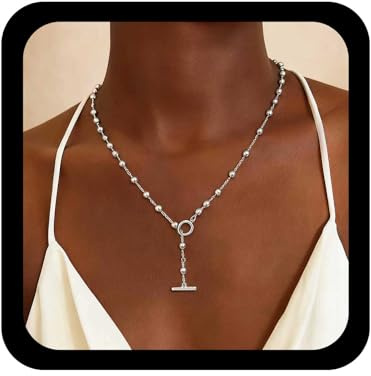 Cybche Boho Ball Chain Choker Necklaces Silver Station Ball Necklace Silver Beaded Necklaces Chain y Lariat Necklace Minimalist Chains Dorp Satellite Bead Choker Toggle Clasp Jewelry for Women