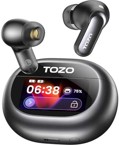 TOZO NC20 Pro Kabellose Bluetooth Kopfhörer mit Smart-Touchscreen, Adaptive Aktive Geräuschunterdrückung, LDAC Hi-Res Audio, 12mm Treiber, Gaming-Modus, 6 Mikrofone, IPX8 Wasserdicht, Schwarz