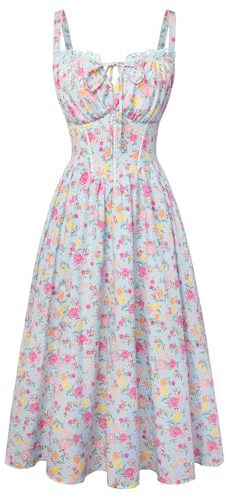 Scarlet Darkness Women 2026 Floral Corset Dress Summer Milkmaid Sundress Wedding Guest Dresses with Pockets Blue Pink Floral M