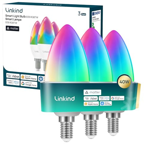 Linkind Matter E14 Smart Glühbirne B38 RGBTW 470lm CRI90+, 3 Stück | 1800K-6500K, 16 Mio. Farben, Sprachsteuerung, Musik-Sync, 4.8W, kompatibel mit Alexa/Apple Home/Google Home/SmartThings