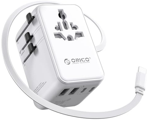 ORICO GAN 70W Adaptador de Viaje Universal, Cable Retráctil, 5 USB, Blanco | Carga rápida PD para portátiles; 2 USB-C + 2 USB-A, compatible en +200 países (UK, USA, EU); diseño compacto todo en uno