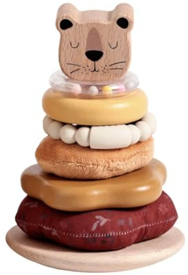 Wooden Stacking Rings Tower with Lion Design, 8-Layer Educational Montessori Toy Set, Plush and Silicone Teether for Babies 6-18 Months, Includes Rattle Ring