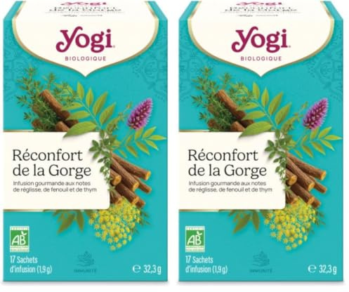 YOGI TEA – Réconfort de la Gorge Bio – Infusion Bien-Être Sans Caféine à la Réglisse, Fenouil & Thym – 17 Sachets (Lot de 2)