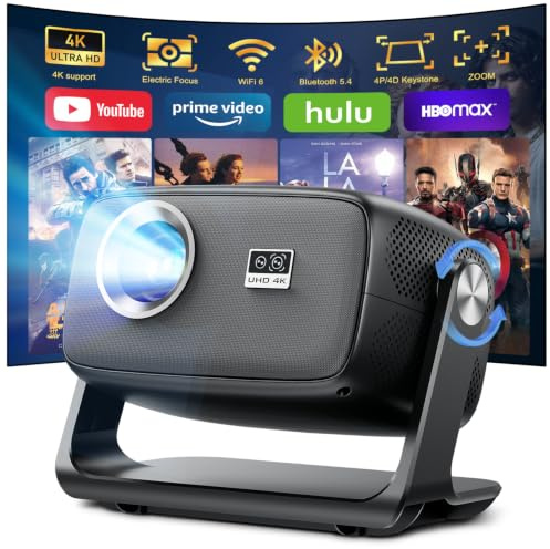 Videoproyector 4K de enfoque automático, proyector portátil con sistema inteligente, WiFi, Bluetooth,Auto Keystone y Zoom para ver películas, jugar juegos y seguir partidos deportivos