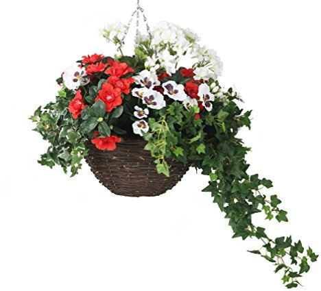 Closer2Nature Artificial Red and White Azalea, Pansy and Geranium Display in a 14 Round Willow Hanging Basket - Artificial Bedding Plug Plant and Display Range