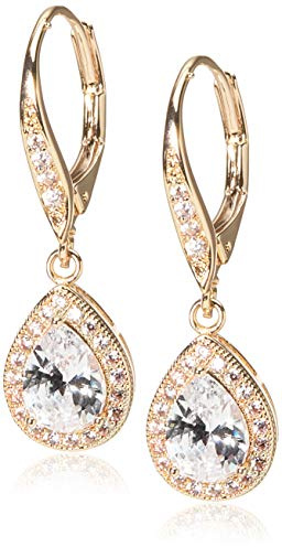 Anne Klein Classics Gold-Tone Cubic Zirconia Leverback Pear Shape Drop Earrings