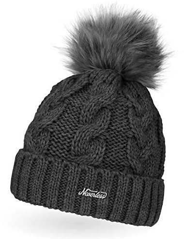 Neverless® Damen Strickmütze mit Fleecefutter und Kunstfell Bommel Zopfmuster Grobstrick Wintermütze Bommelmütze Model 2207 Dunkelgrau Unisize