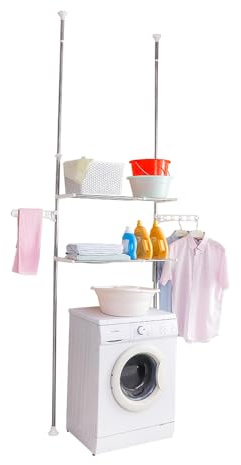 Hershii Estantería telescópica de baño con 2 estantes, para organizar el inodoro sobre la lavadora con 2 perchas, sistema de organización ajustable sin agujeros, color marfil
