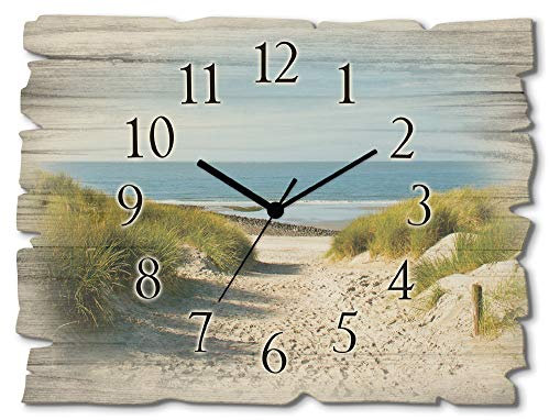 ARTLAND Wanddeko Wanduhr ohne Tickgeräusche aus Holz Funkuhr 40x30 cm Rechteckig Lautlos Strand Meer Düne Nordsee Landschaft Maritim T9EX