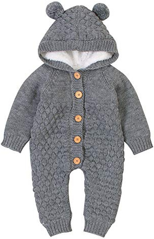 VICROAD Baby Strampler Gestrickter Overall With Fleece Lining Babykleidung Kapuze mit Süßen Ohren für Jungen Mädchen Neugeborene