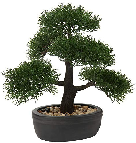 Briful Kunstbonsai Naturgetreue Künstliche Pflanze Kunstbaum Bonsai Zeder Kiefer Podocarpus Plastik Pflanze Kunstpflanze mit Keramik-Übertopf in Schwarz für Baddeko Desktop Büro Fensterbank