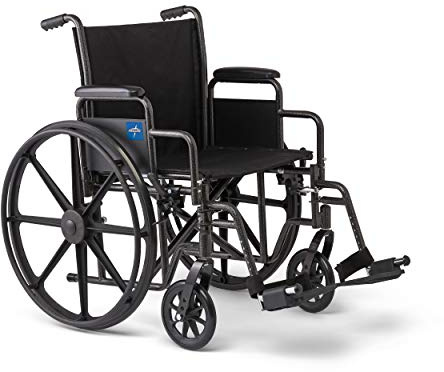 Medline Comfortable Folding Wheelchair with Swing-Back Desk-Length Arms and Swing-Away Footrests, 18”W x 16X”D Seat