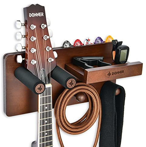 Donner Gitarren Wandhalterung mit Ablage, Gitarrenwandhalter mit Plektrumhalter und 2 Haken, Gitarrenhalter aus Holz für E-Gitarre, Akustikgitarre, Bass, Ukulele, Violine und Gitarrenzubehör