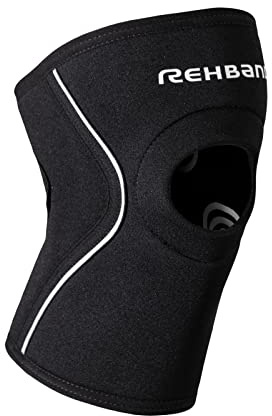Rehband rodillera patelar de neopreno 5 mm, rodillera de soporte con apertura para la rótula, protección de rodilla para entrenamiento de fuerza, running y fitness, Color:Negro, Talla:XS
